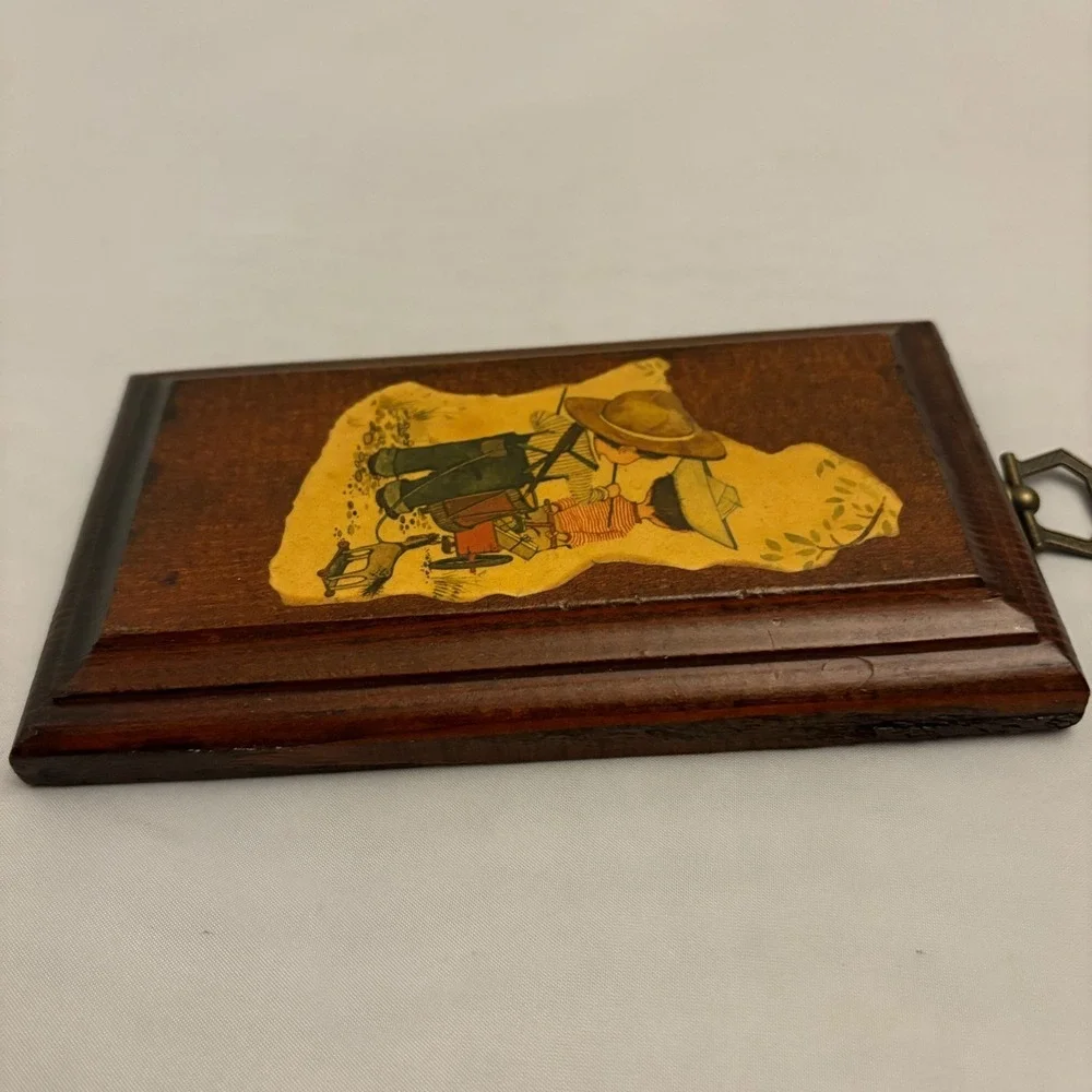 1970s Vintage Wood Wall Art Plaque Two Kids With Dog Country Scene Hanging Decor